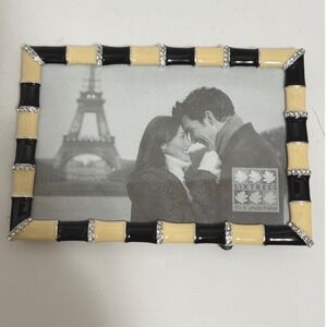 Sixtrees 4x6 Frame Black‎ Cream Enamel Bamboo Rhinestone Silver Tone Metal